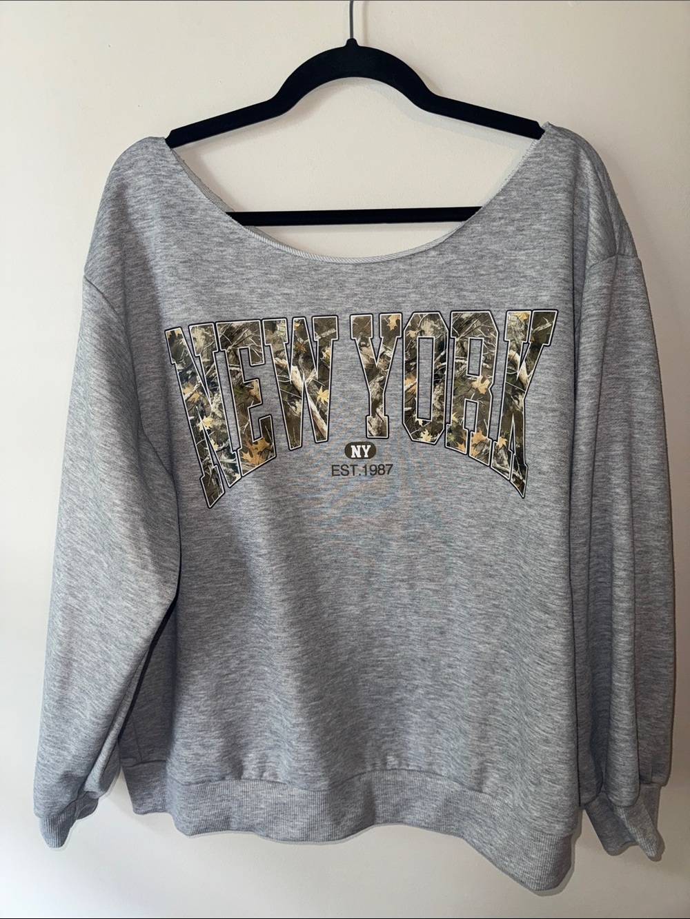 SHEIN Gray 'New York' Floral-Camo Graphic Sweatshirt